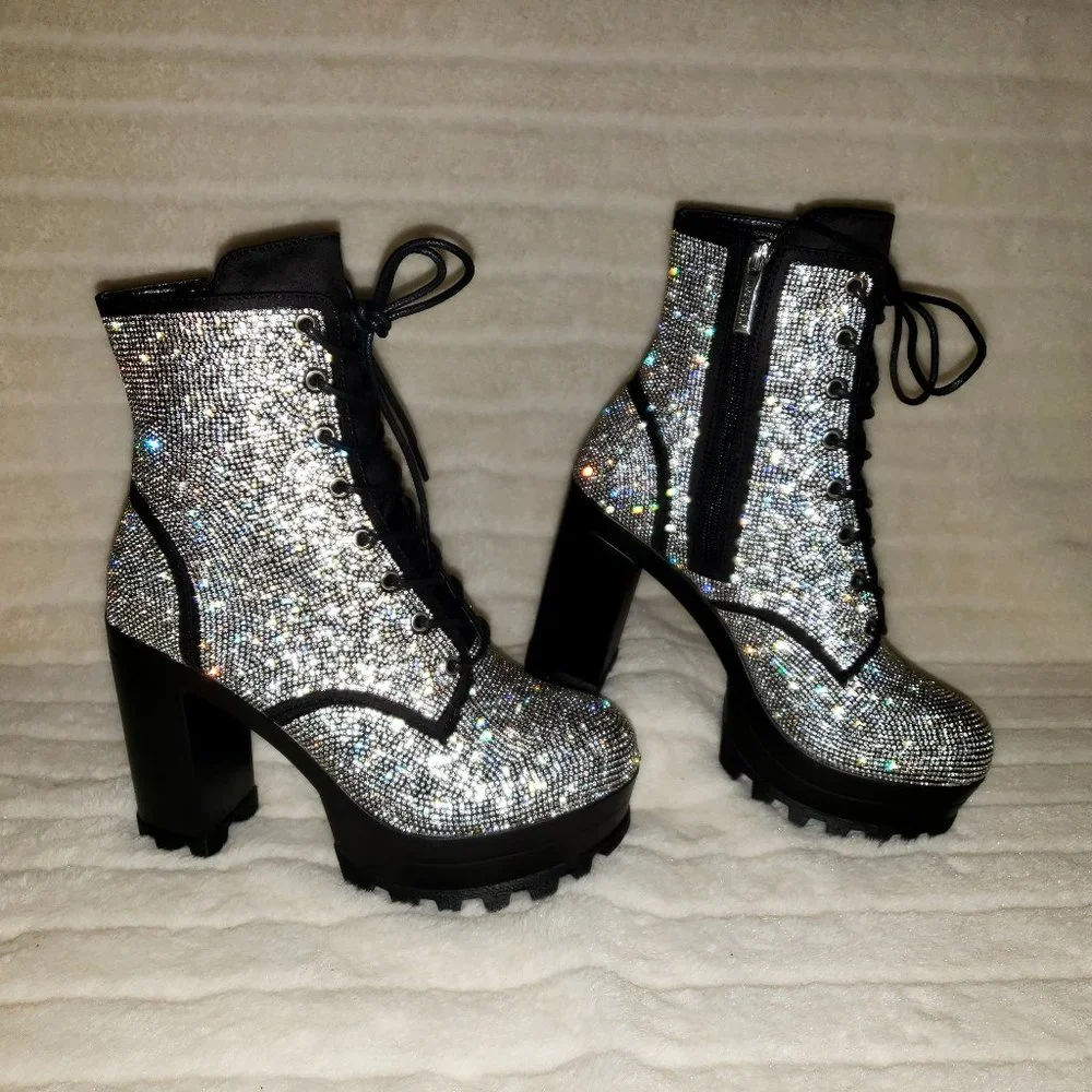 Cape Robbin Silver Crystal Lace-Up Platform Ankle Boots - Picture 3 of 15
